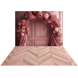 Kate Bohème Arche florale Rose Mur Toile de fond+Beige Bois Tapis de sol en Caoutchouc