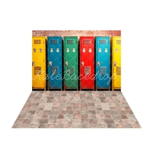 Kate Coloré École Salle de sport Casiers Toile de fond+Rétro Marron Gris Texture à carreaux Sol Toile de fond