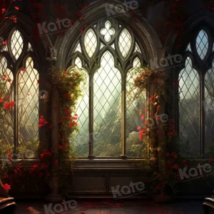 Kate Saint Valentin Fleurs Rouge Église Fenêtre Toile de fond pour la photographie