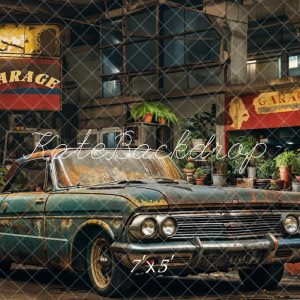 Kate Rétro Garage Voiture Vert foncé Plantes Toile de fond conçue par Emetselch