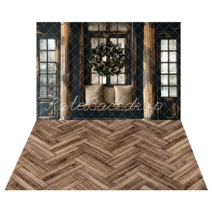 Kate Noël Intérieur Noir Rétro Minable Fenêtre Toile de fond+Brun Bois à chevrons Texture Sol Toile de fond