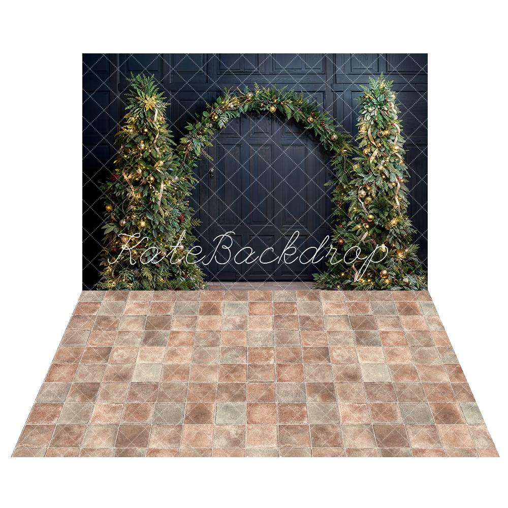 Kate Sapin de Noël Arche Noir Mur Vintage Toile de fond+Marron Gris Texture à carreaux Sol Toile de fond