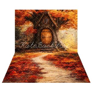 Kate Automne Feuilles d'érable Cabane Forêt Toile de fond+Automne Rouge Feuilles Chemin Sol Toile de fond