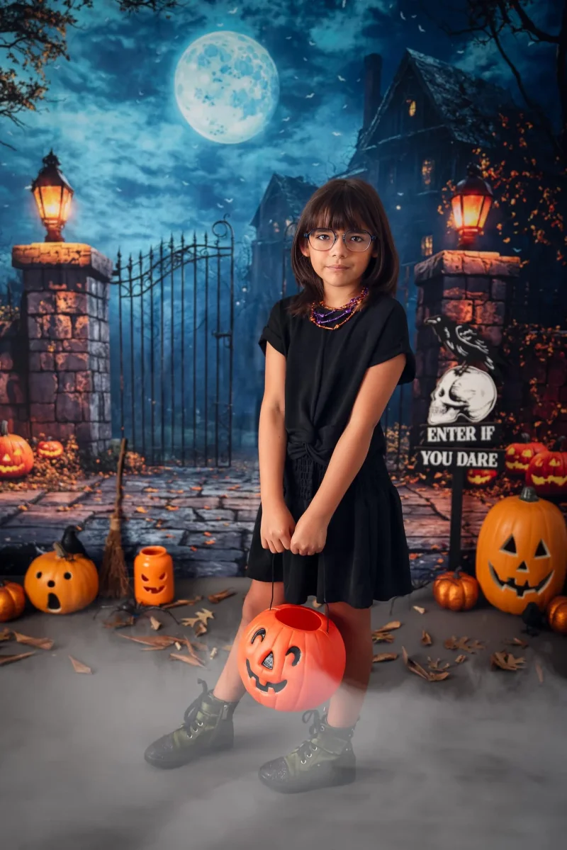 Kate Halloween Lune Château Citrouille Portail Toile de fond conçue par Emetselch
