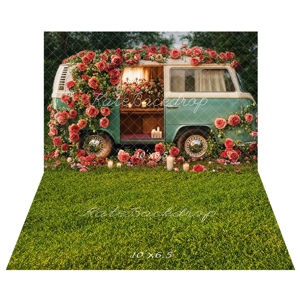 Kate Saint Valentin Fleurs Camping-car Toile de fond+Vert Herbe Champ Sol Toile de fond