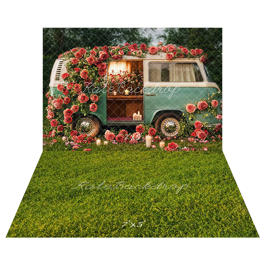 Kate Saint Valentin Fleurs Camping-car Toile de fond+Vert Herbe Champ Sol Toile de fond – Image 2