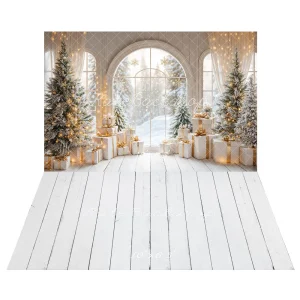 Kate Arche Fenêtre Sapin de Noël Cadeaux Toile de fond+Blanc Bois Parquet Sol Toile de fond