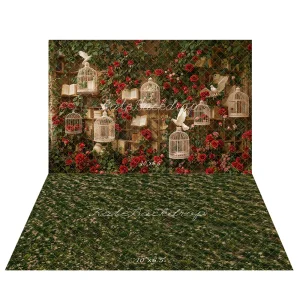 Kate Saint Valentin Roses Cage à oiseaux Toile de fond+Printemps Floral Prairie Sol Toile de fond