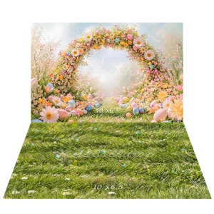 Kate Pâques Printemps Œuf Fleur Arche Toile de fond+Pâques Œuf Vert Prairie Sol Toile de fond
