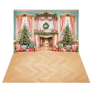 Kate Sapin de Noël Cheminée Fenêtre Toile de fond+Bois Chevron Parquet Sol Toile de fond