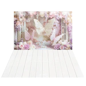 Kate Anniversaire Papillons Fleurs Toile de fond+Blanc Plancher en Bois Sol Toile de fond