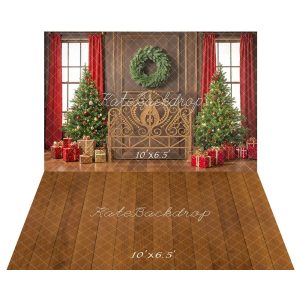 Kate Noël Sapins Cadeaux Toile de fond Photo Tête de lit+Brun Bois Sol Toile de fond