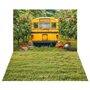 Kate Scolaire Bus Pommiers Livres Toile de fond+Vert Herbe Champ Sol Toile de fond
