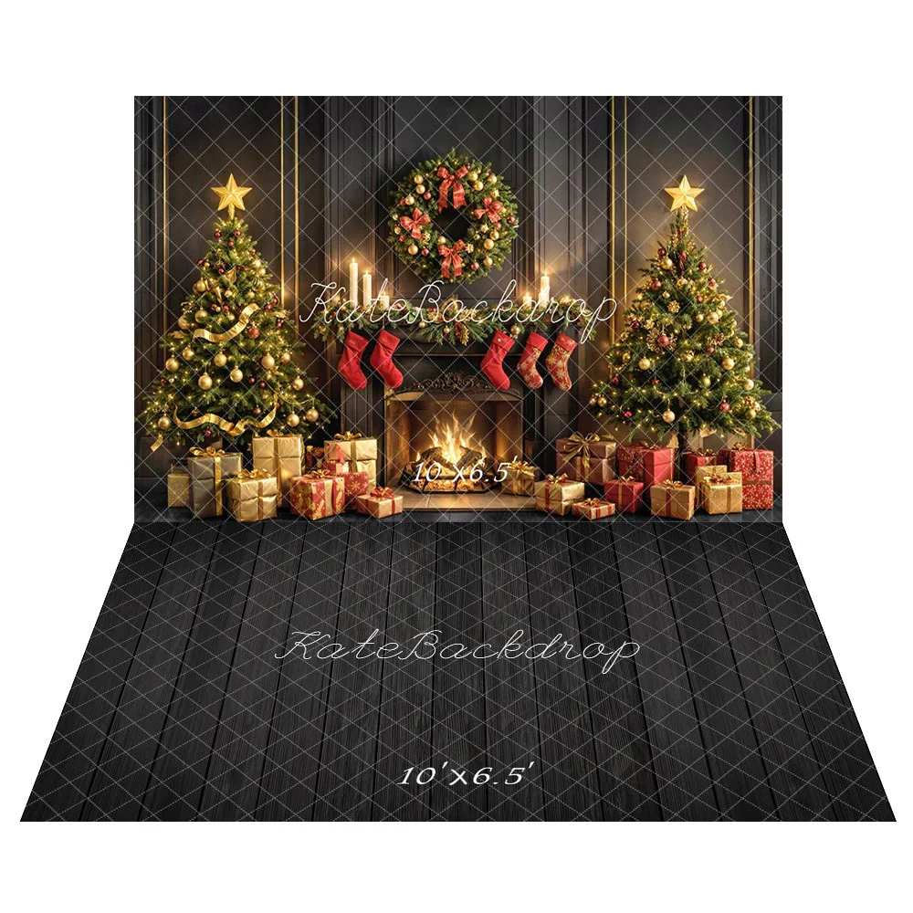 Kate Noël Sapin Cheminée Cadeaux Toile de fond+Bois Noir Lignes Verticales Sol Toile de fond – Image 2