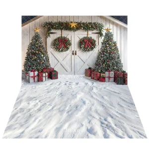 Kate Noël Sapins Cadeaux Grange Toile de fond+Hiver Neige Blanc Sol Toile de fond