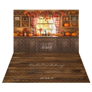 Kate Automne Cuisine Citrouilles Fenêtre Toile de fond+Brun Sol en bois Toile de fond