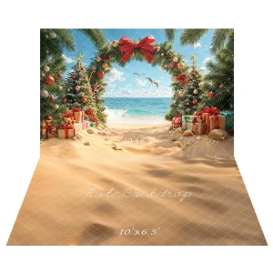 Kate Noël Plage Sapin Cadeaux Arc Toile de fond+Beige Sable Texture Sol Toile de fond