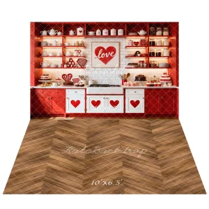 Kate Saint Valentin Cuisine Rouge Cœurs Toile de fond+Bois Chevron Marron Sol Toile de fond
