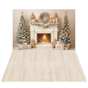 Kate Noël Cheminée Sapins Pain d'épice Toile de fond+Bois Beige Texture Sol Toile de fond
