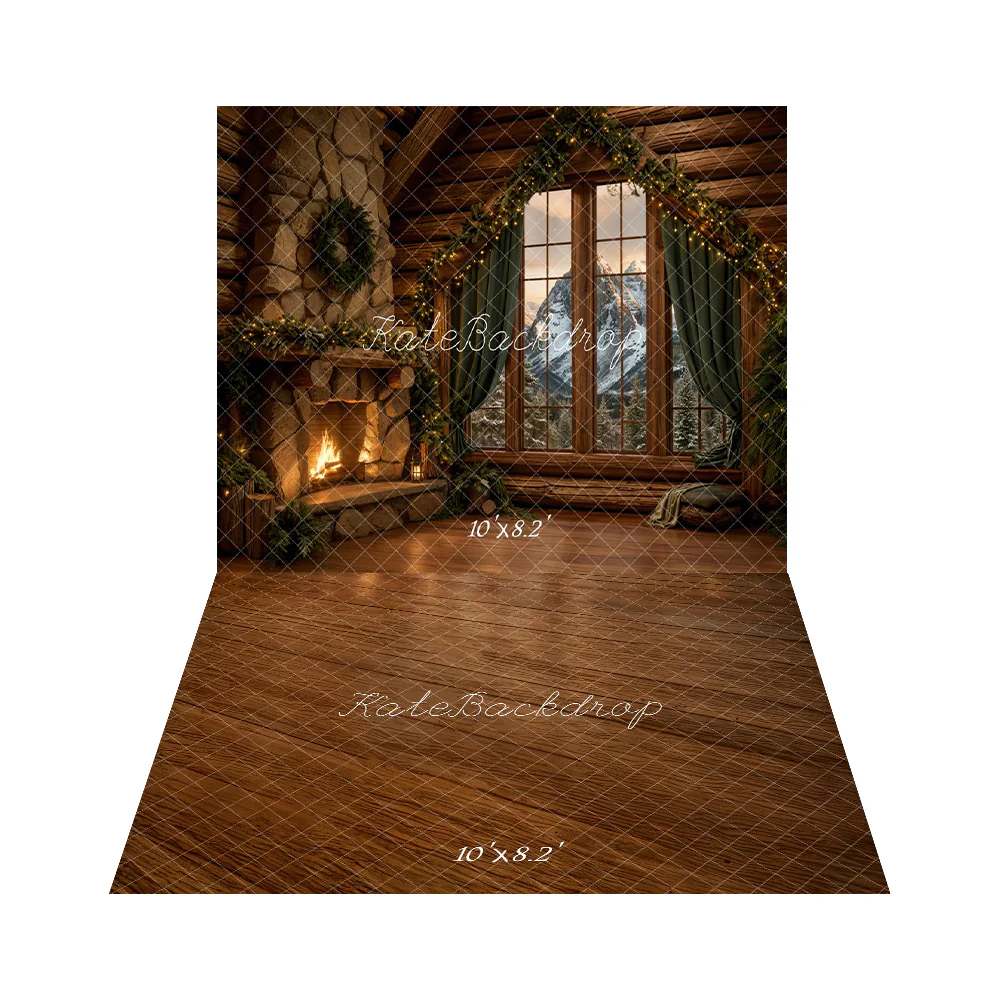 Kate Hiver Chalet Cheminée Sapin Toile de fond+Bois Brun Texture Sol Toile de fond – Image 3