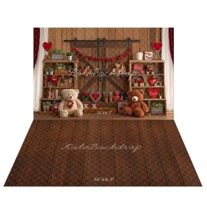 Kate Saint Valentin Ours Coeurs Bois Toile de fond+Marron foncé Bois Sol Toile de fond