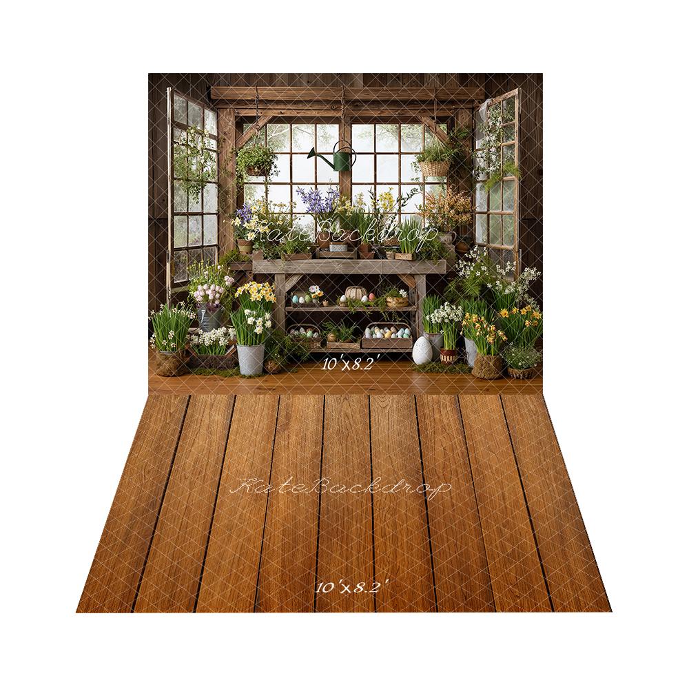 Kate Printemps Fenêtre Fleurs Œufs Toile de fond+Brun Bois Rustique Sol Toile de fond – Image 3
