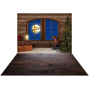 Kate Père Noël Arbre Fenêtre Toile de fond+Grange Bois foncé Tapis de sol en Caoutchouc